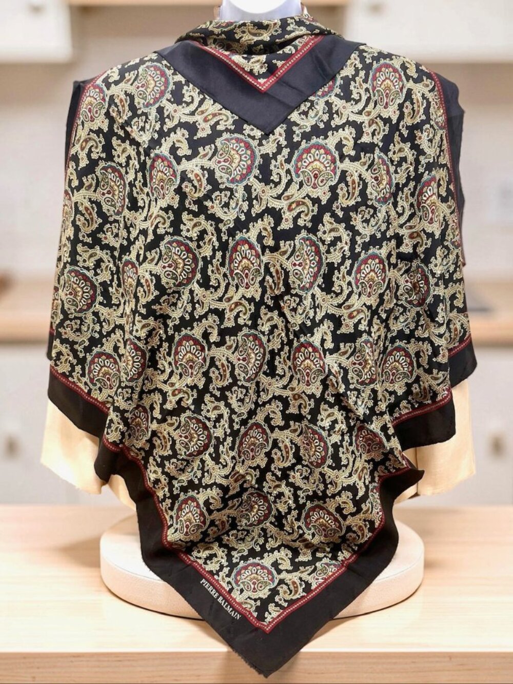 Vintage Pierre Balmain Paris  100% silk satin scarf 34" black gold paisley (8